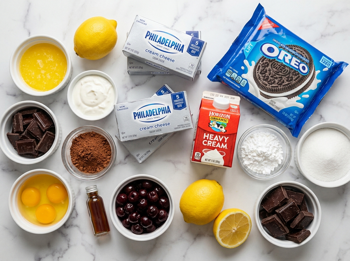 Ingredients for Black Forest cheesecake with cherries and chocolate