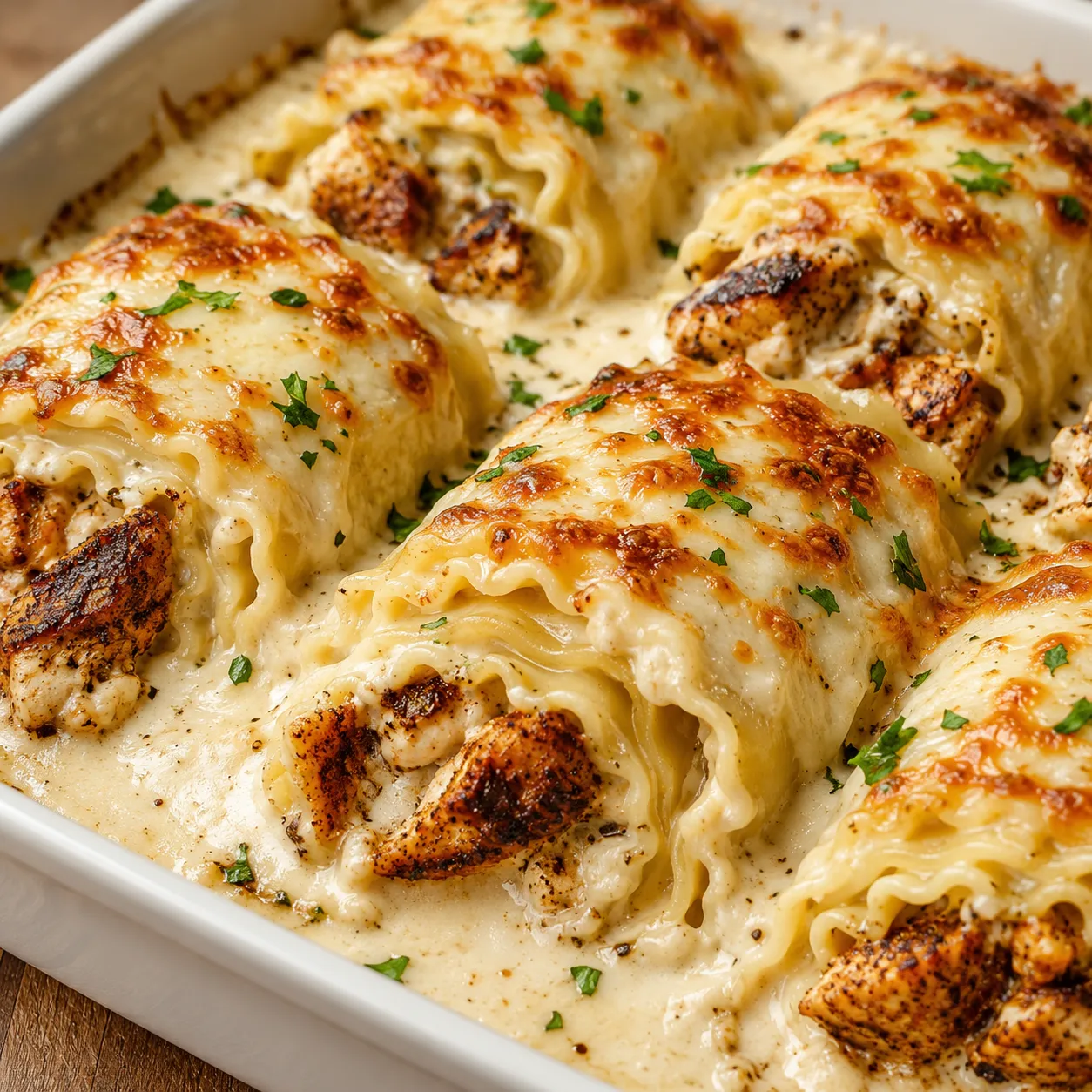 Blackened chicken Alfredo lasagna roll ups with melted cheese and parsley