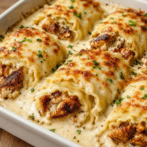 Blackened chicken Alfredo lasagna roll ups with melted cheese and parsley