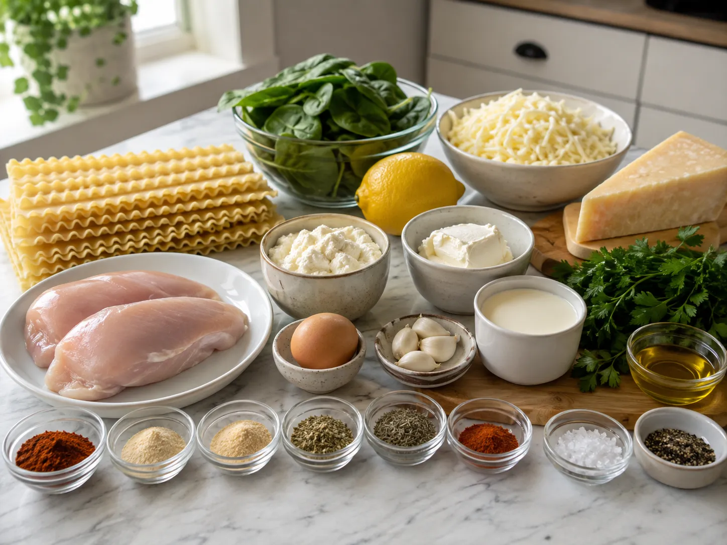 Ingredients for blackened chicken Alfredo lasagna roll ups on a counter