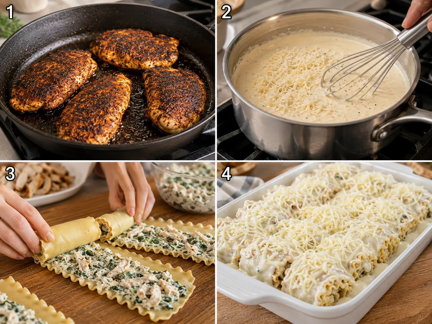 Steps for making blackened chicken Alfredo lasagna roll ups