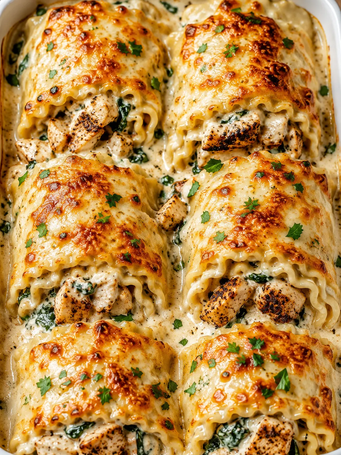 Blackened chicken Alfredo lasagna roll ups baked with creamy sauce
