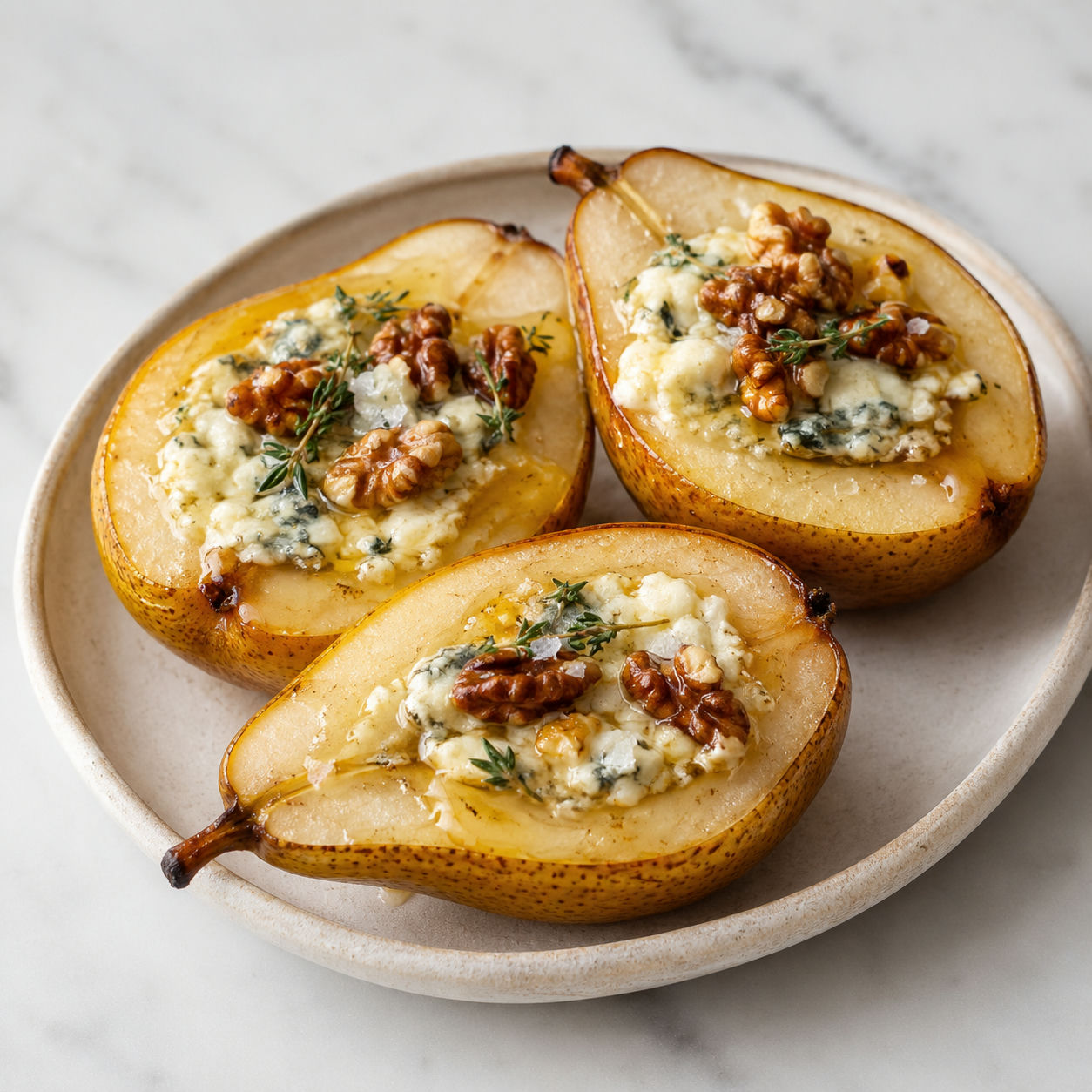 Blue cheese stuffed pears with walnuts, thyme, and honey