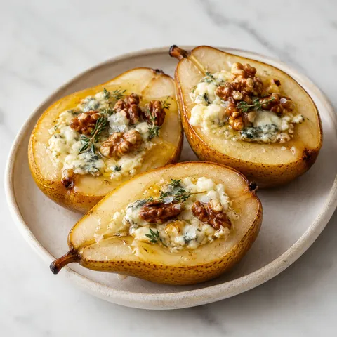 Blue cheese stuffed pears with walnuts, thyme, and honey