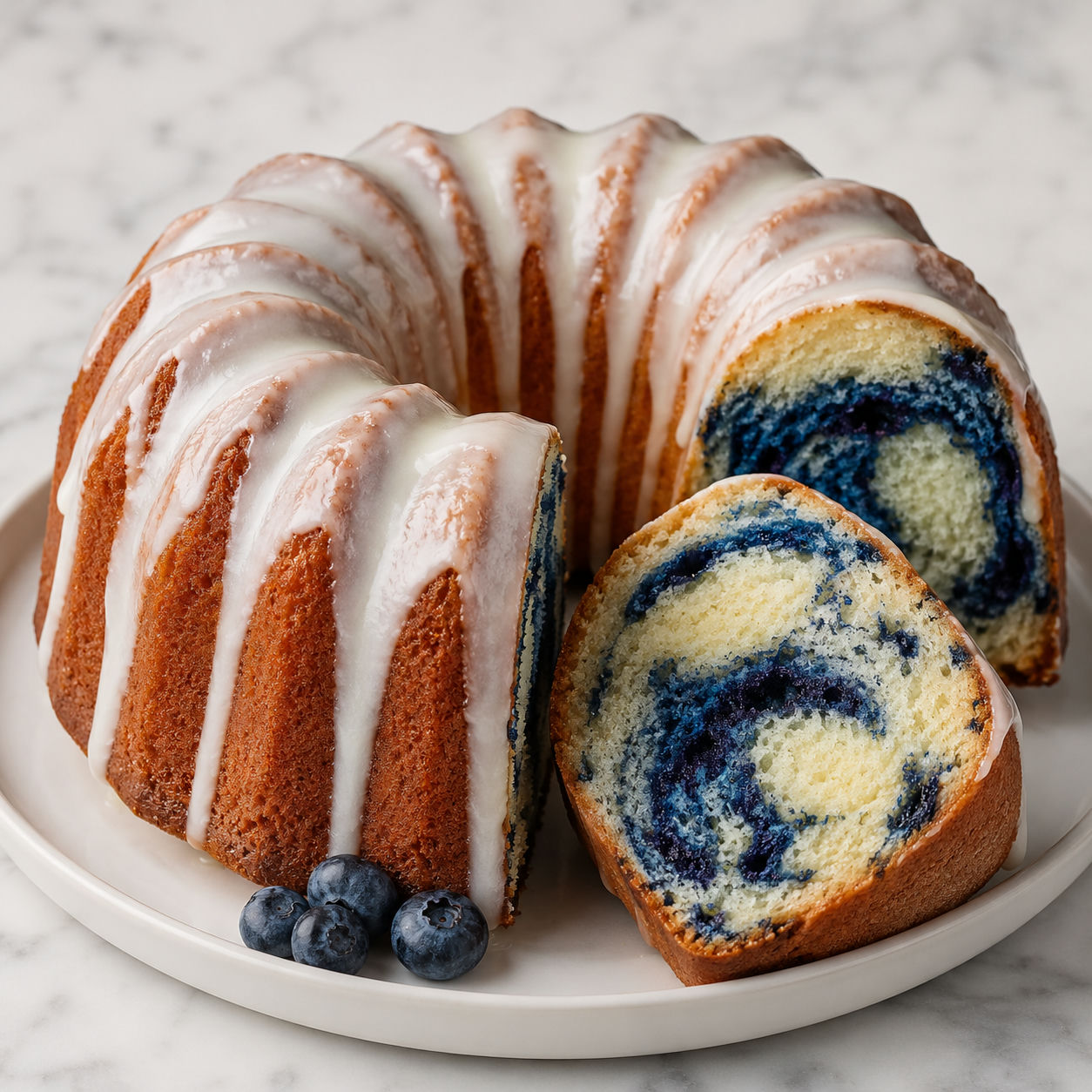 Blue velvet vanilla pound cake with glaze and blue swirls