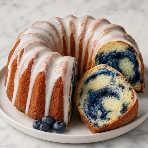 Blue velvet vanilla pound cake with glaze and blue swirls