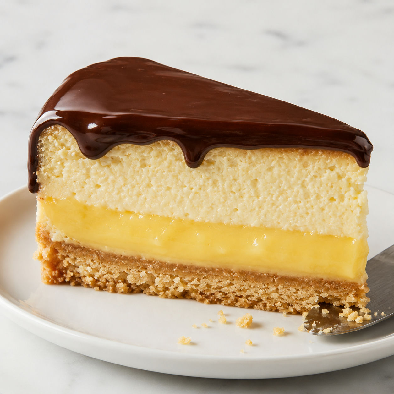 Boston cream pie cheesecake slice with custard and chocolate ganache