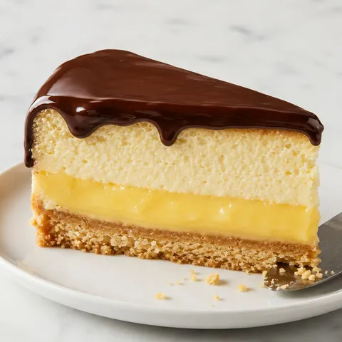 Boston cream pie cheesecake slice with custard and chocolate ganache
