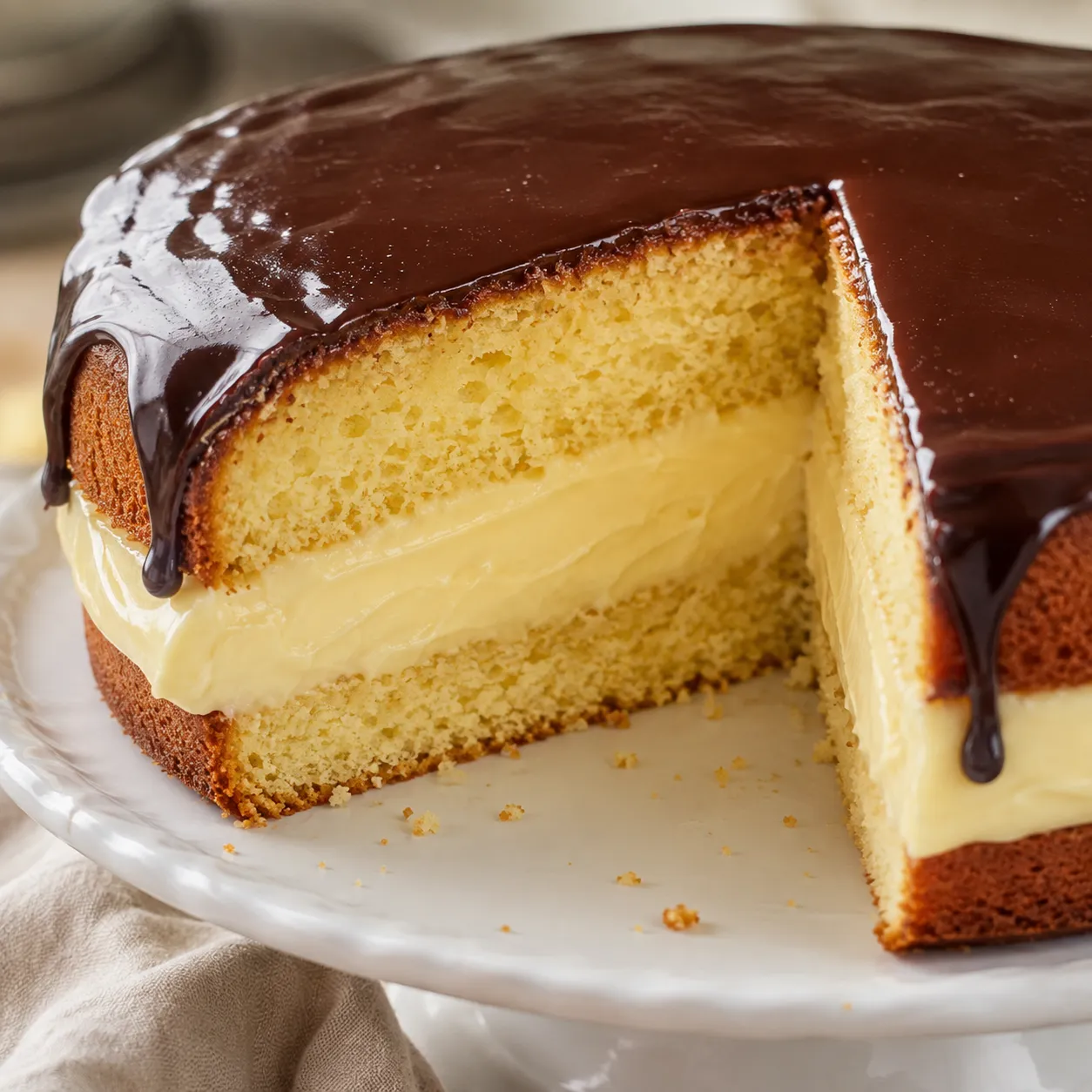 Boston Cream Pie with vanilla custard and glossy chocolate ganache