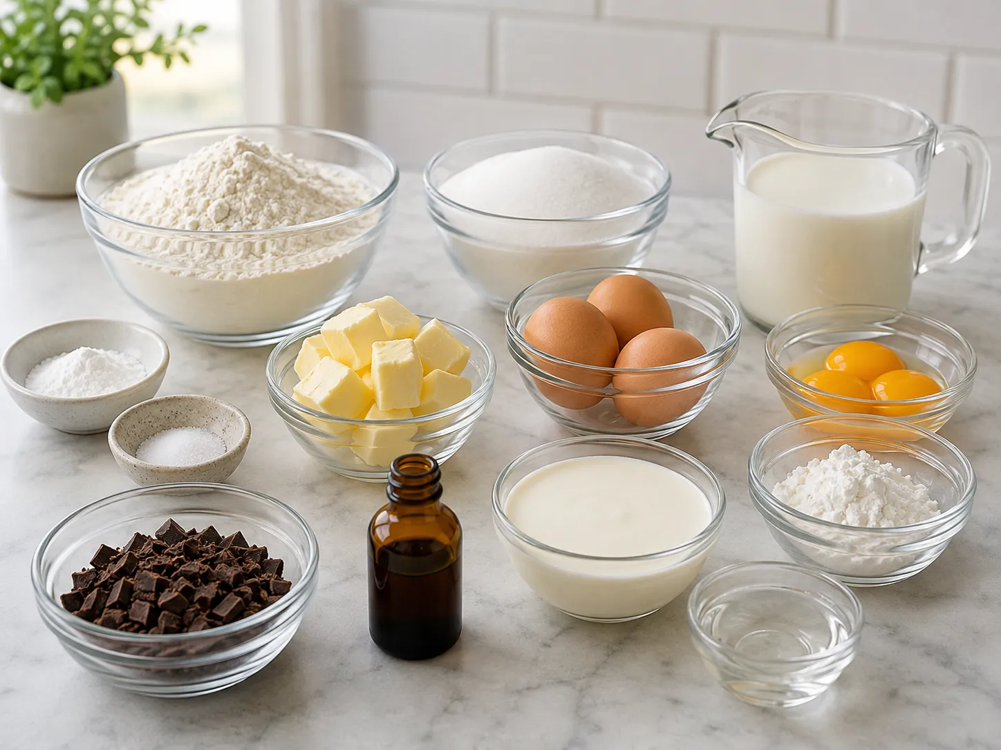 Ingredients for Boston Cream Pie with eggs, milk, flour, chocolate, and cream