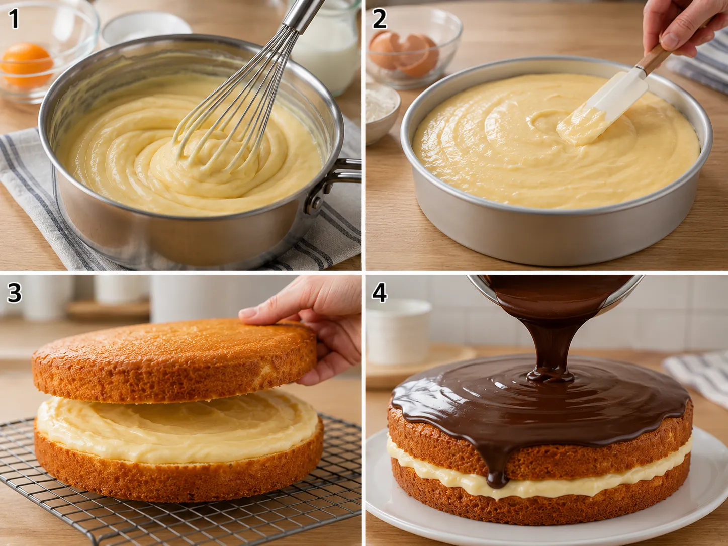 Steps for making Boston Cream Pie from custard to chocolate glaze