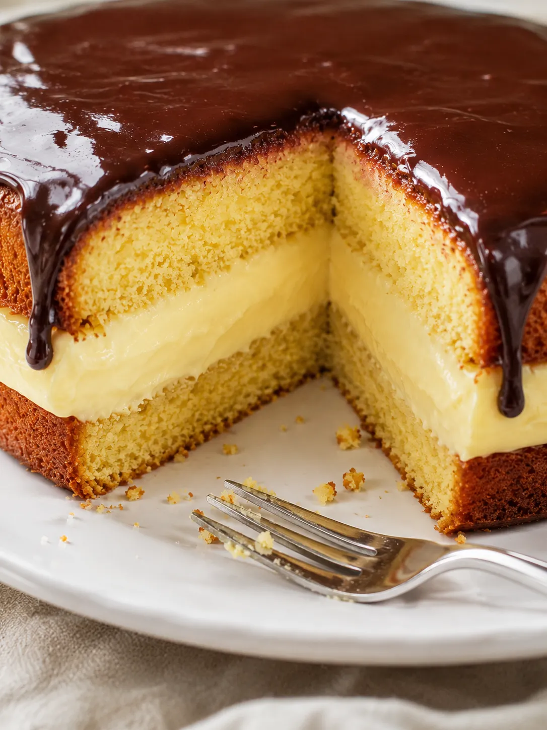 Slice of Boston Cream Pie with vanilla custard and shiny chocolate ganache