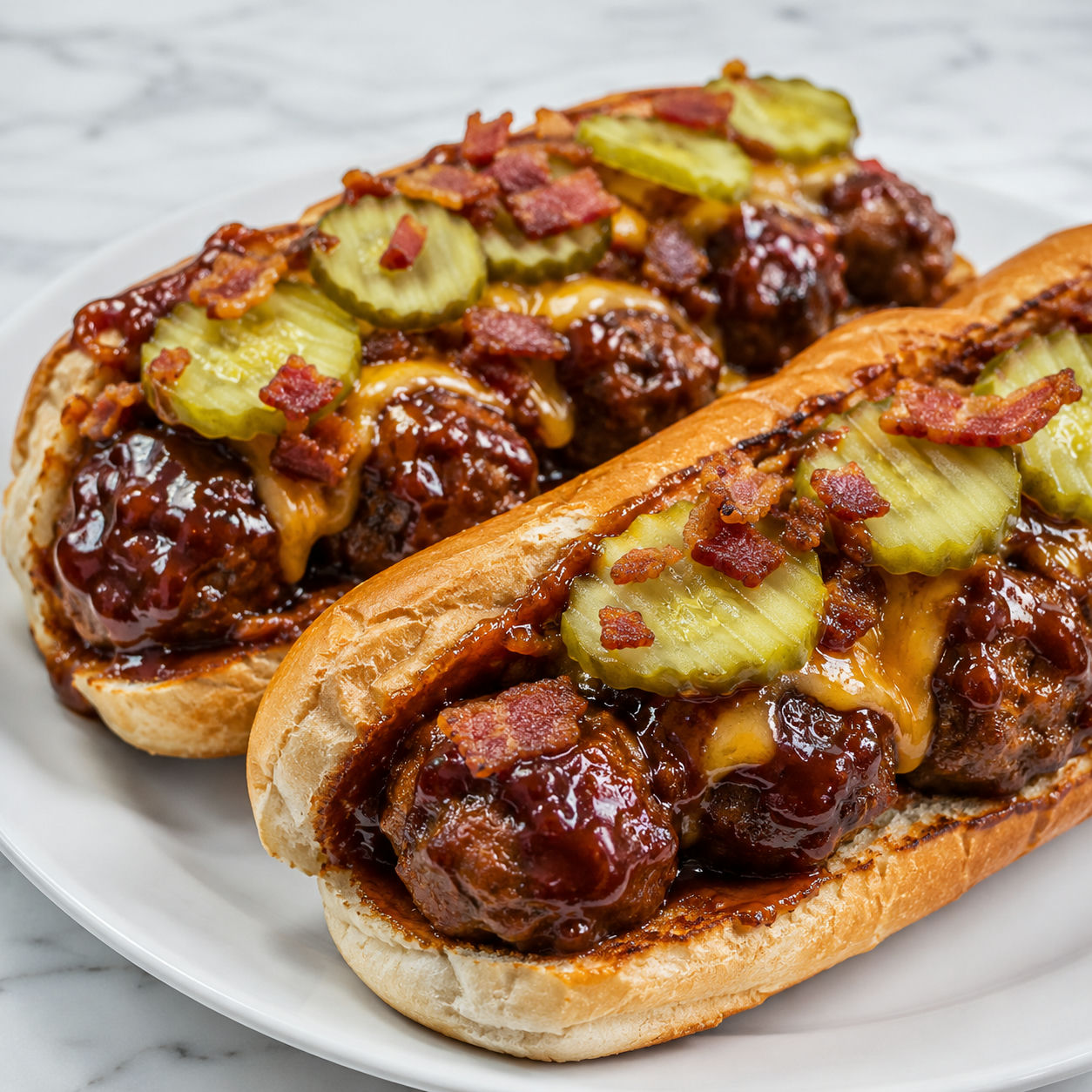 Bourbon BBQ bacon cheeseburger meatball subs with cheddar and pickles