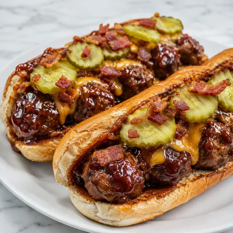 Bourbon BBQ bacon cheeseburger meatball subs with cheddar and pickles