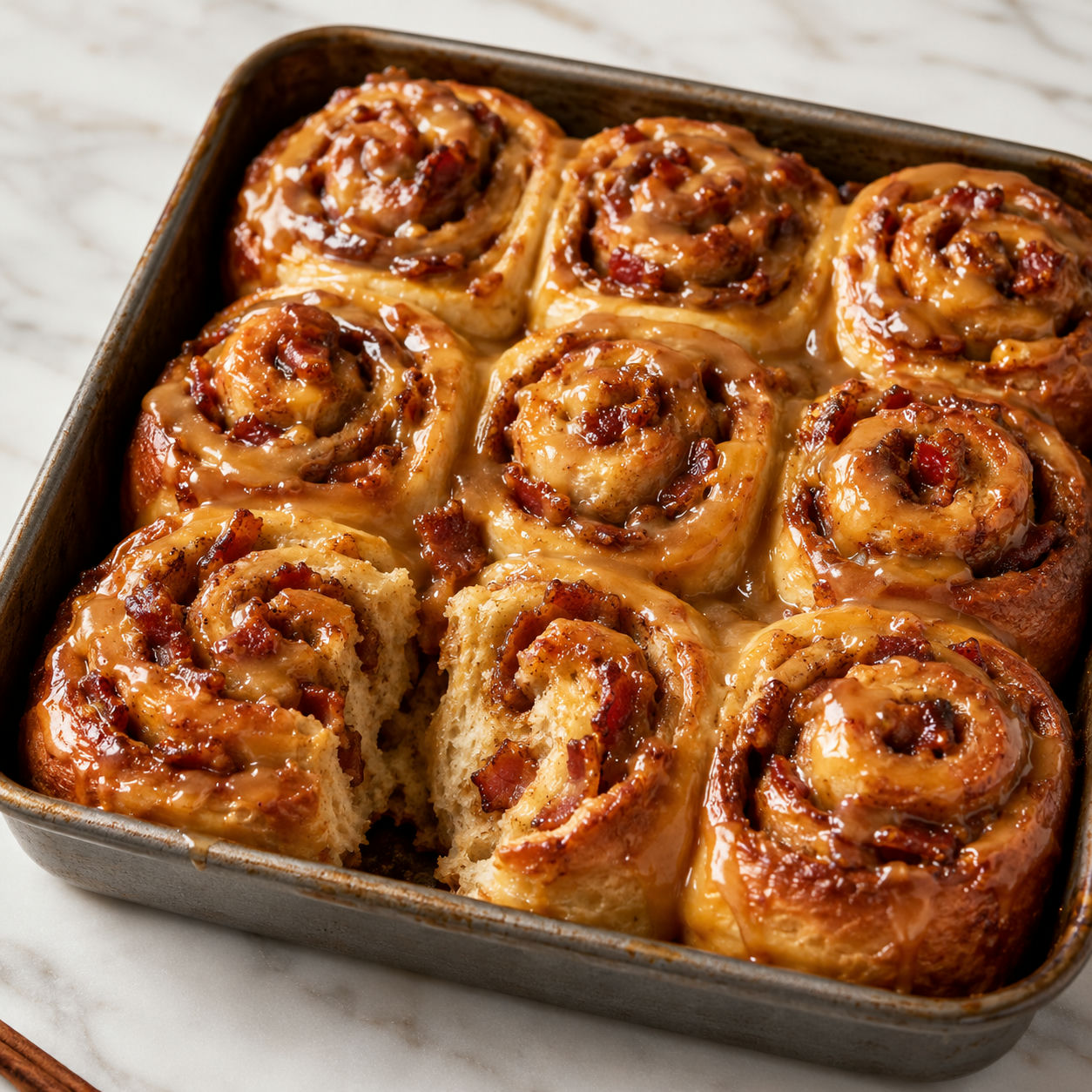 Bourbon maple bacon cinnamon rolls with glossy glaze and crispy bacon in a baking dish