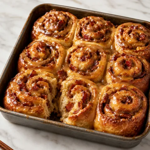 Bourbon maple bacon cinnamon rolls with glossy glaze and crispy bacon in a baking dish