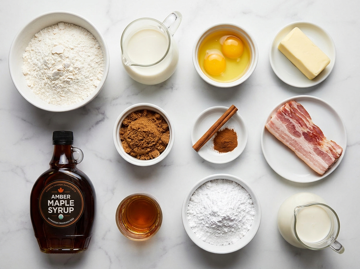 Raw ingredients for bourbon maple bacon cinnamon rolls arranged on a wooden surface