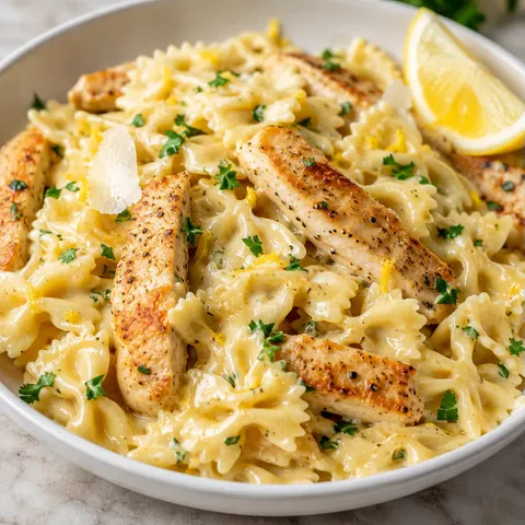 Bowtie lemon garlic chicken pasta with parsley and lemon in a white bowl