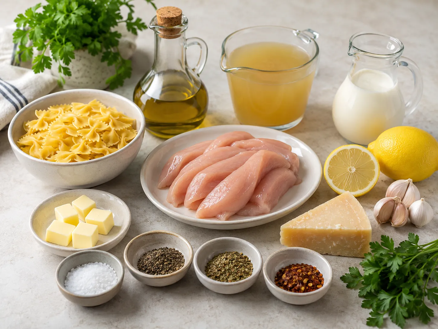 Ingredients for bowtie lemon garlic chicken pasta on a kitchen surface