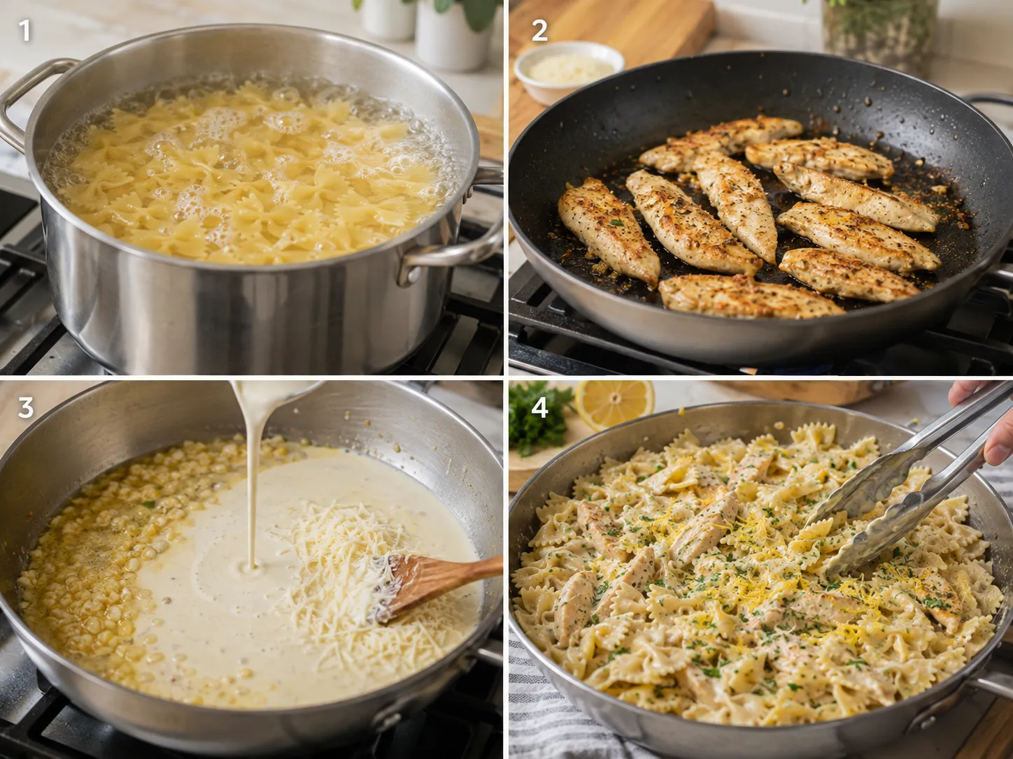 Four cooking steps for bowtie lemon garlic chicken pasta