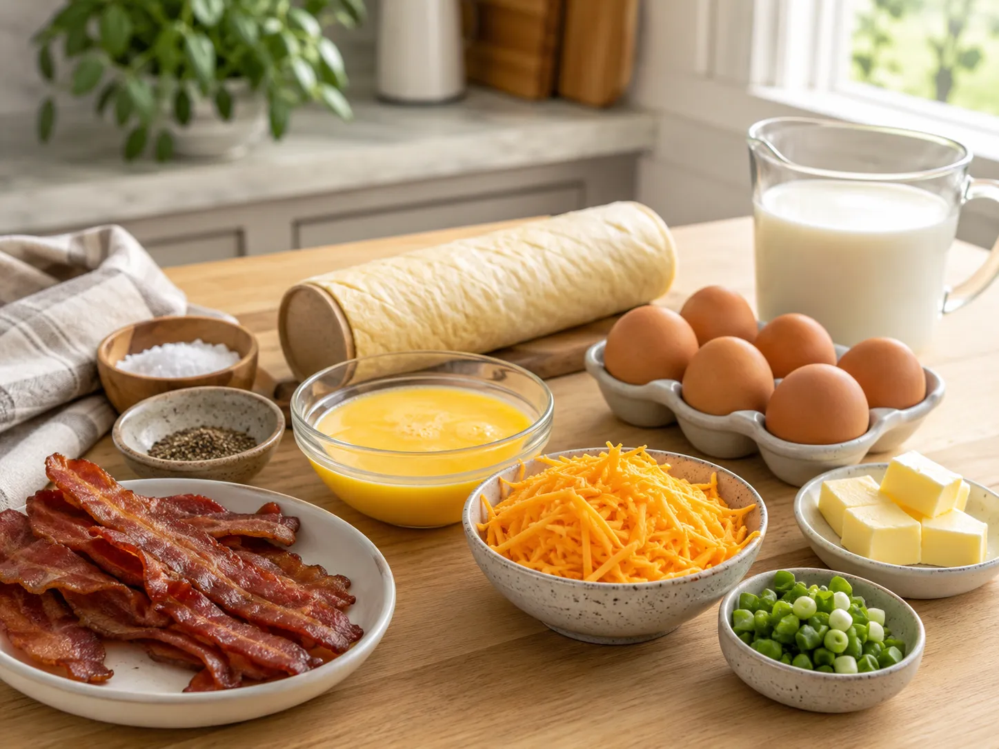 Ingredients for Breakfast Crescent Rolls with eggs, bacon, cheddar, and dough