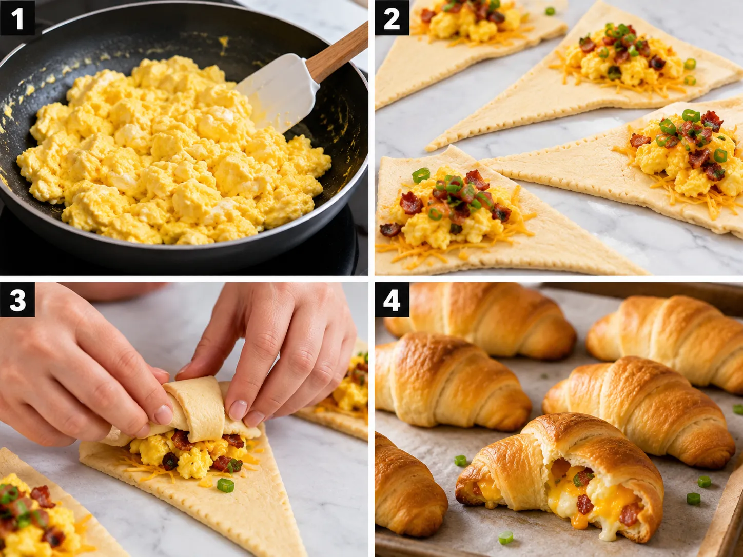 Four steps for making Breakfast Crescent Rolls with egg, bacon, and cheese