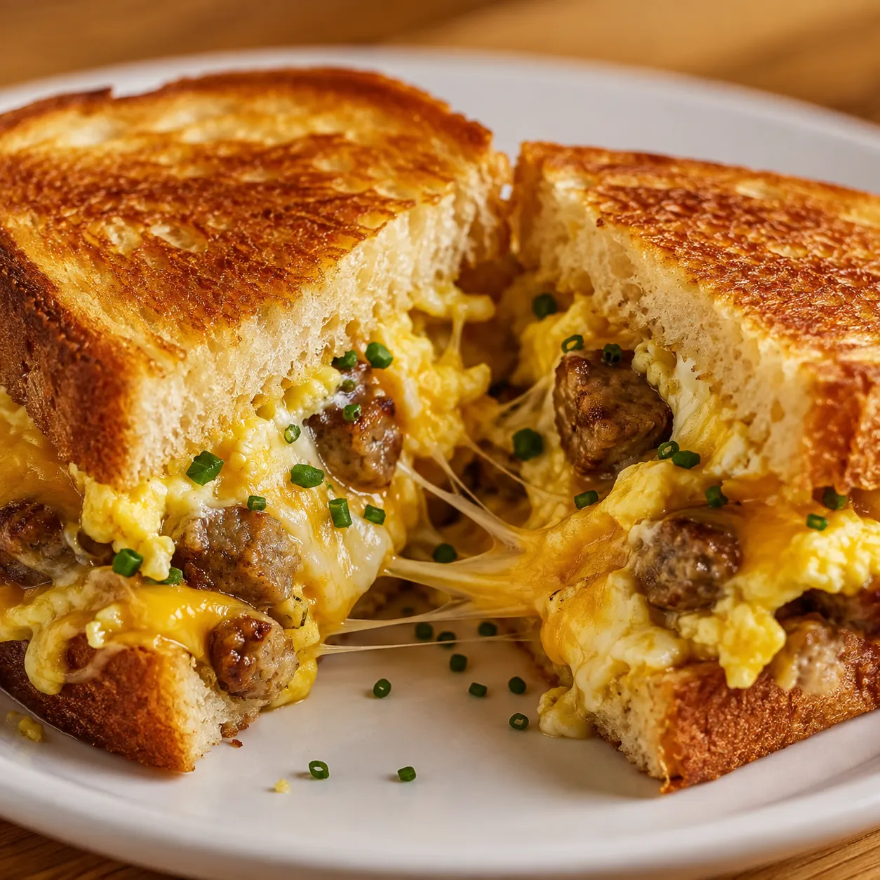 Breakfast grilled cheese with eggs, sausage, and melted Colby-Jack