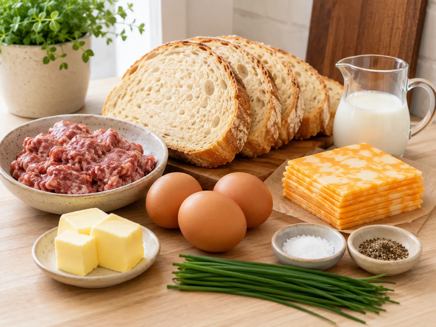 Ingredients for breakfast grilled cheese with sourdough, eggs, sausage, and cheese