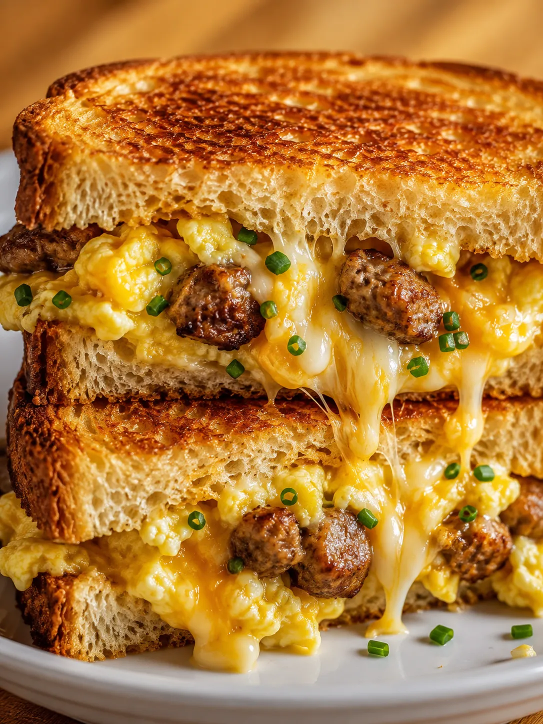 Stacked breakfast grilled cheese halves with eggs, sausage, and melted cheese