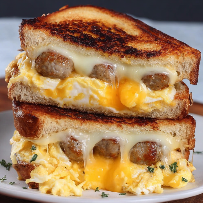 Dreamy Grilled Cheese Eggs with Sausage and Sourdough