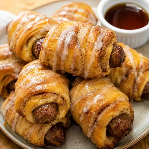 Breakfast Pigs in a Blanket with maple icing on a wooden table