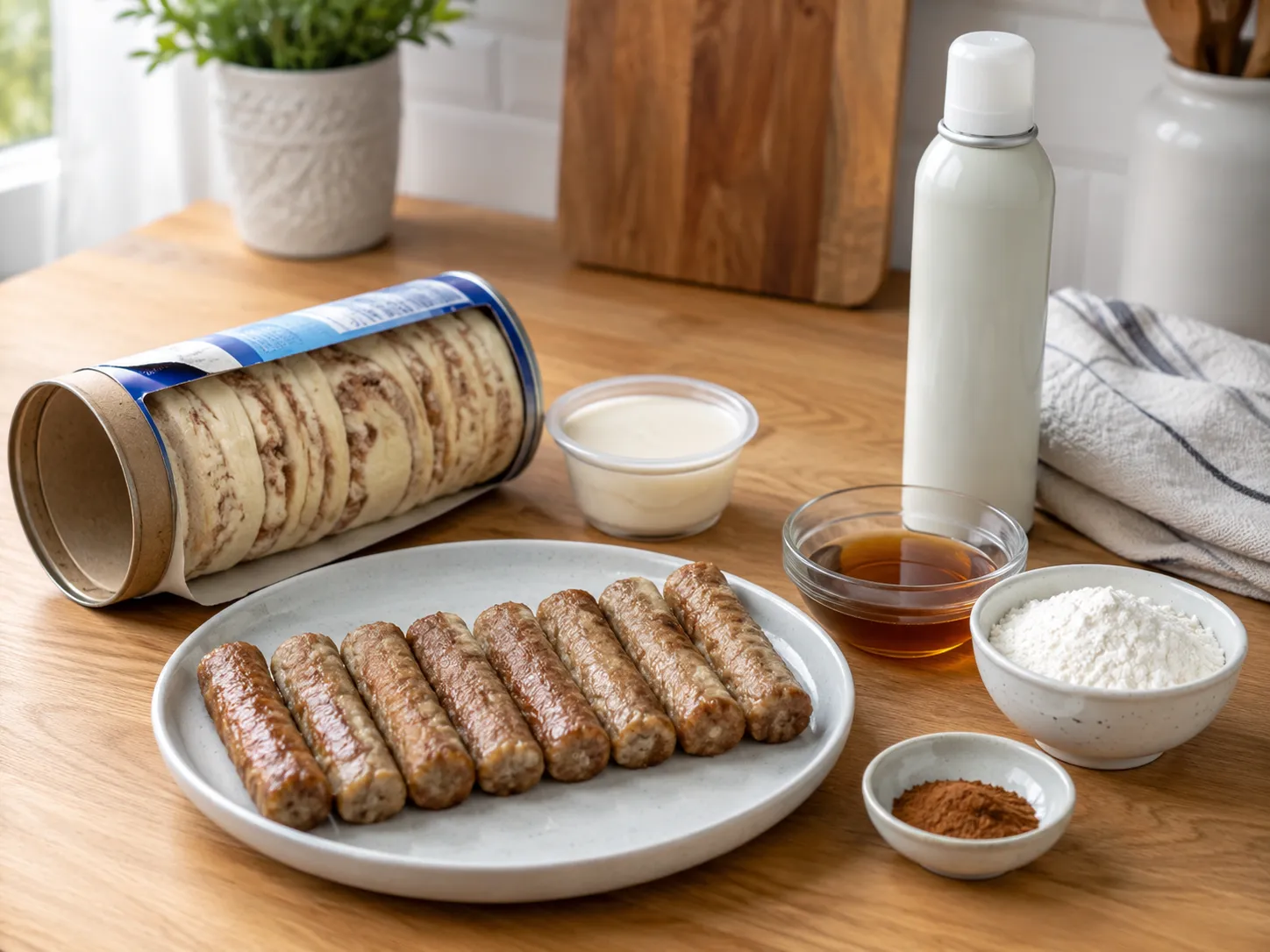 Cinnamon roll dough, sausage links, maple syrup, and cinnamon for breakfast bites