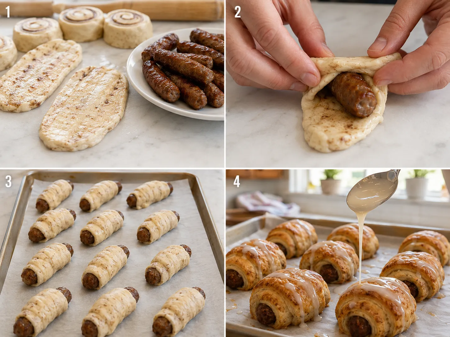 Four steps for wrapping and baking cinnamon roll sausage bites