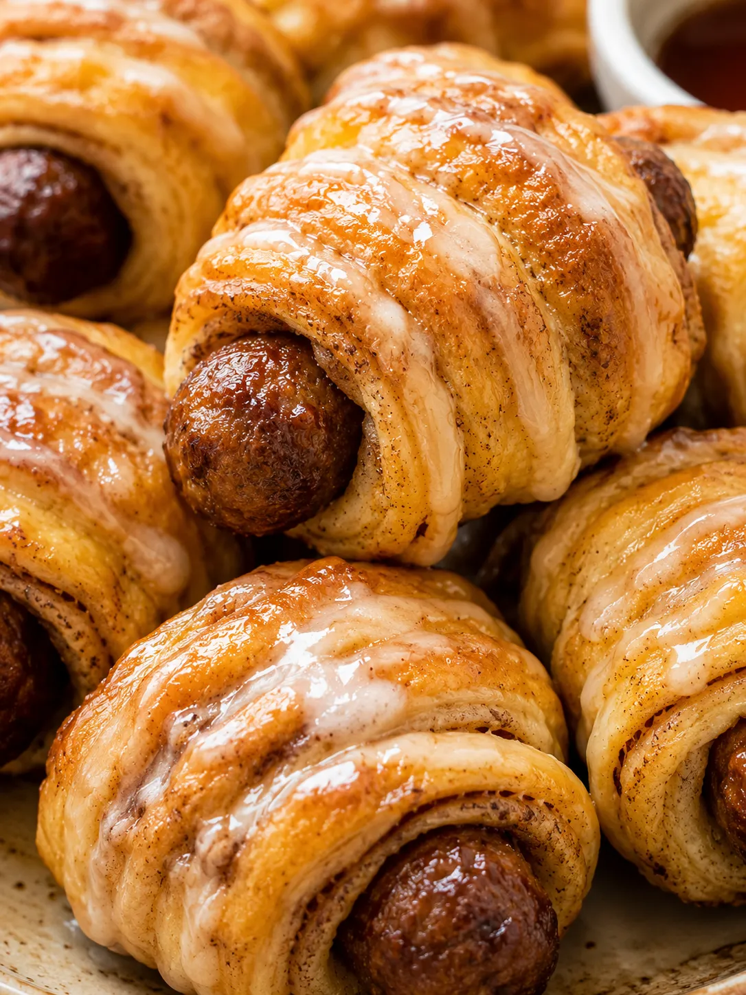 Golden cinnamon roll sausage bites with maple icing