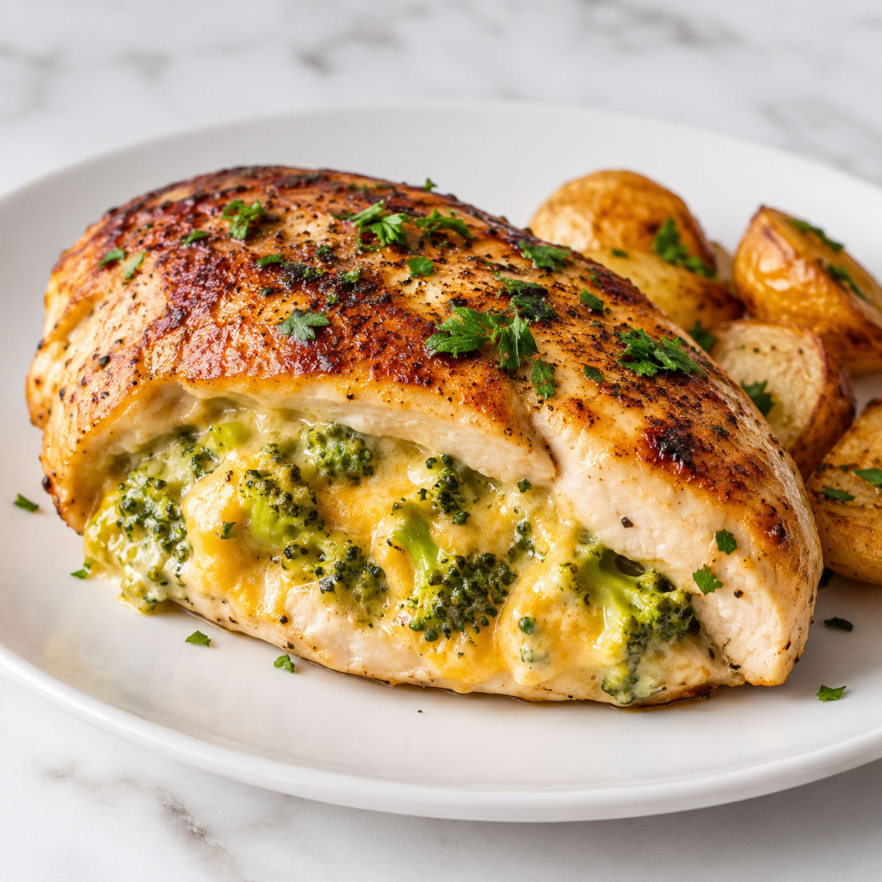 Broccoli and cheese stuffed chicken sliced open with melted cheddar filling
