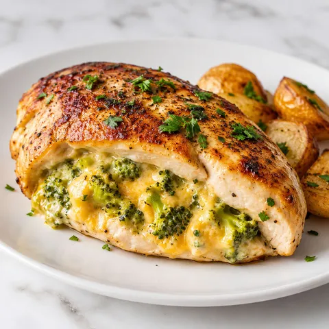 Broccoli and cheese stuffed chicken sliced open with melted cheddar filling