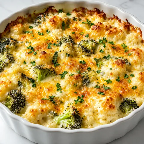 Broccoli and cauliflower cottage cheese bake with golden cheddar topping