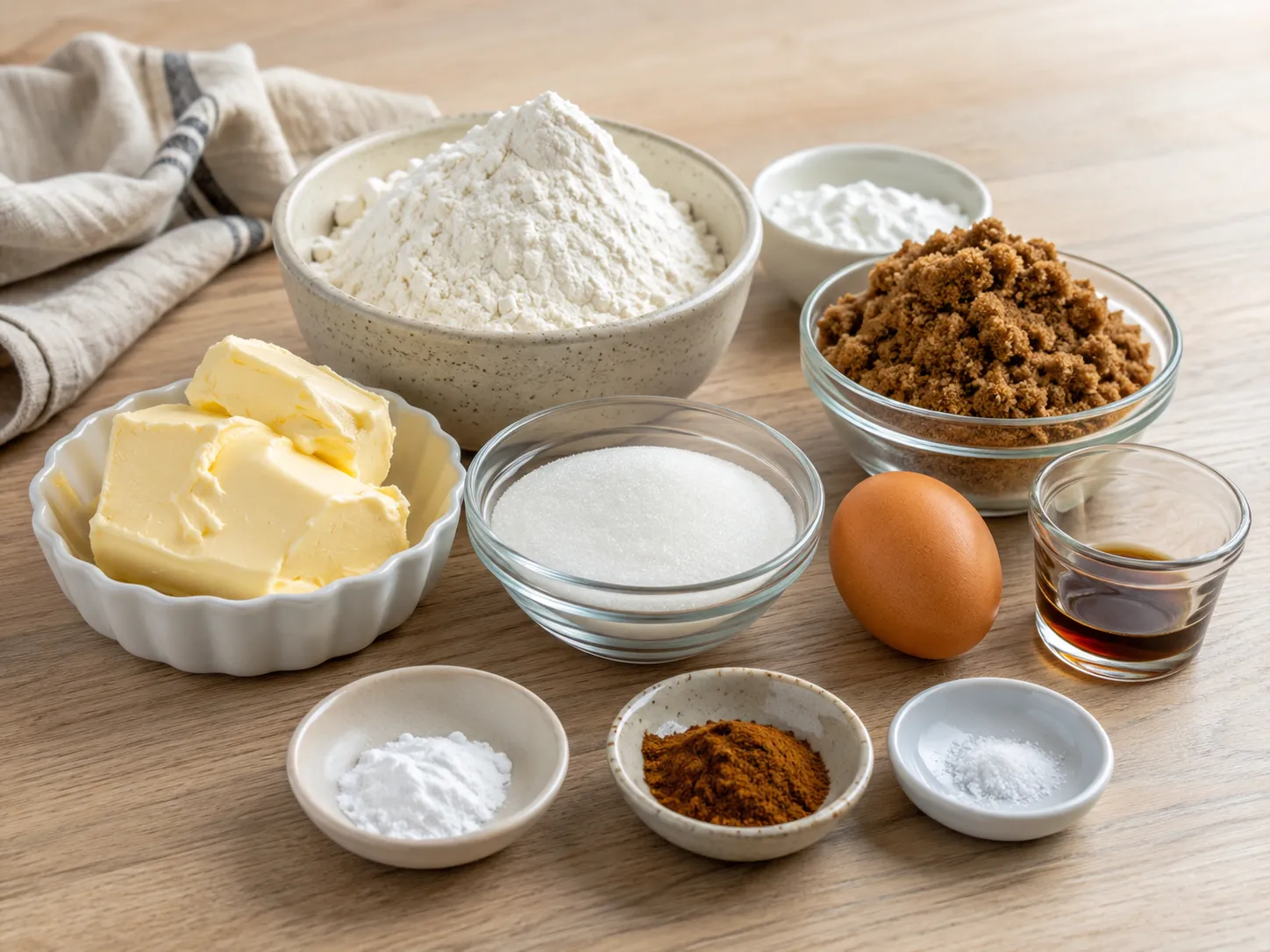 Ingredients for brown sugar cinnamon butter cookies on a wooden surface