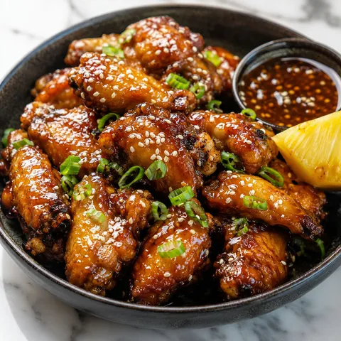 Sticky brown sugar pineapple chicken wings with sesame seeds and green onions in a dark ceramic bowl
