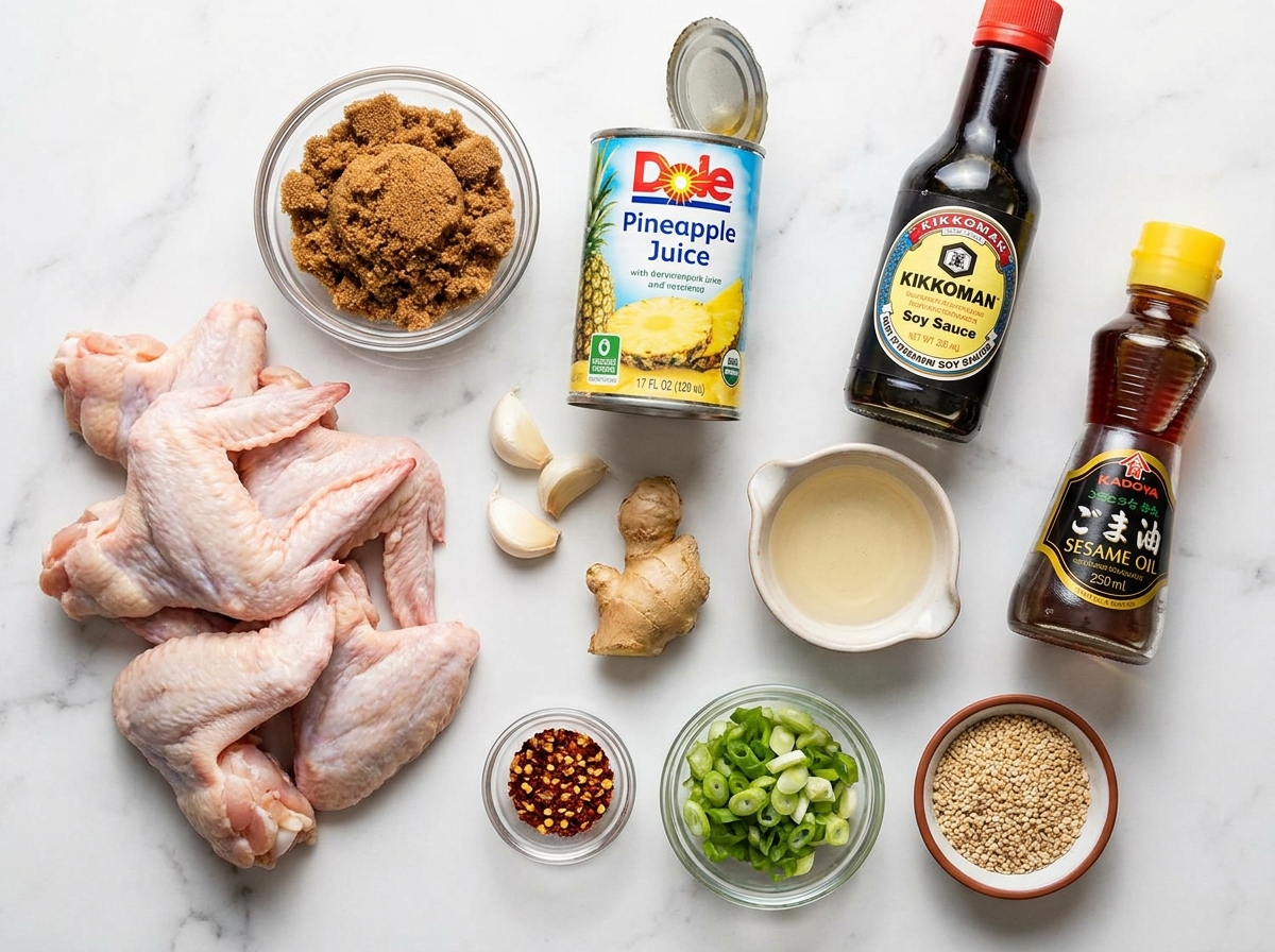 Raw ingredients for brown sugar pineapple chicken wings arranged on a marble surface