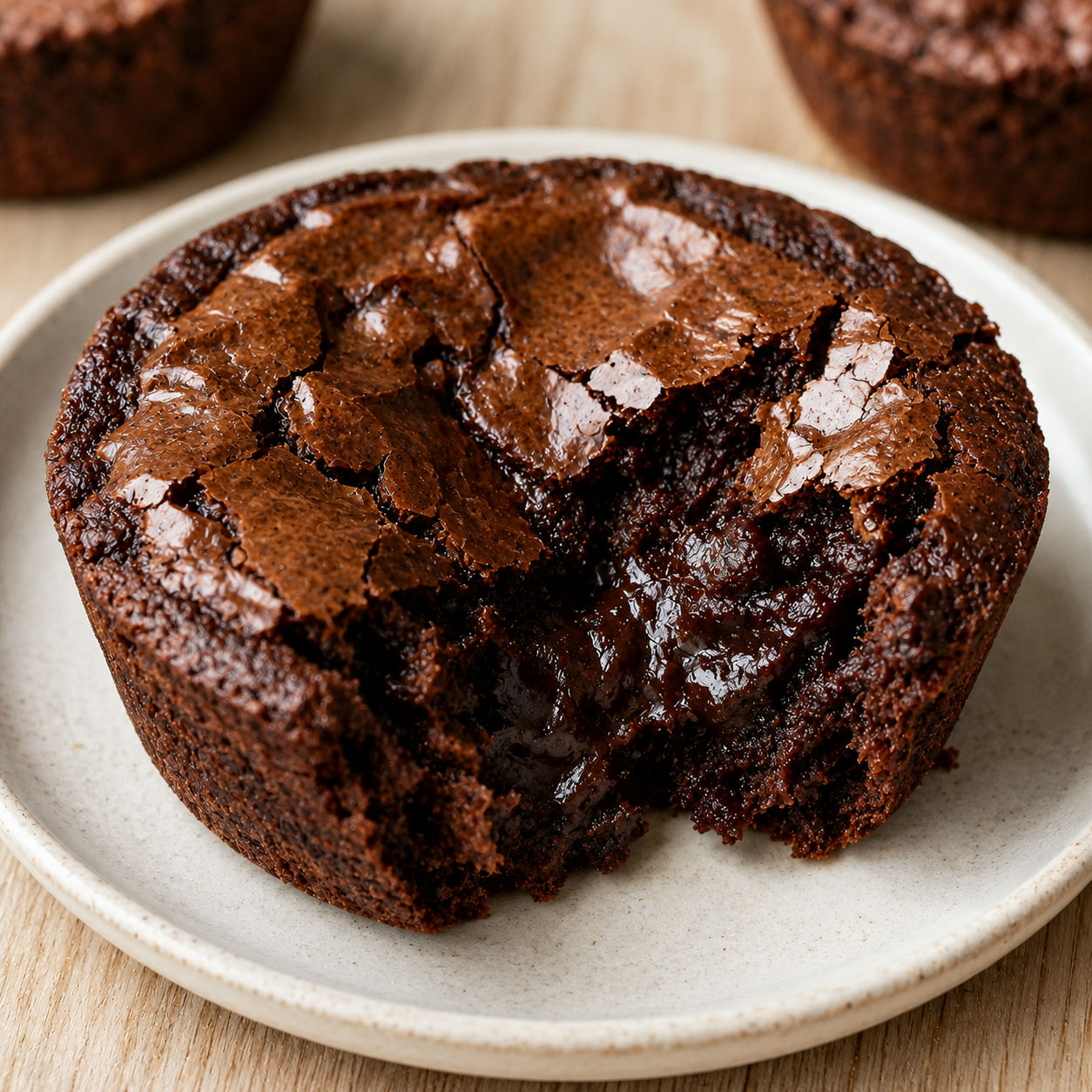 Muffin pan brownie with crispy crust broken open to show fudgy chewy chocolate center