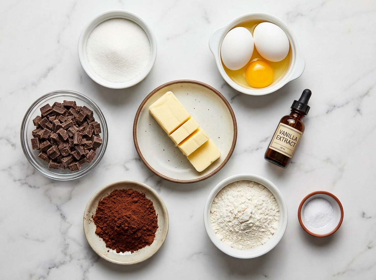 Raw ingredients for muffin pan brownies including chocolate, butter, eggs, cocoa, and flour on marble