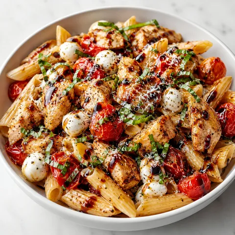 Bruschetta chicken pasta with tomatoes, basil, mozzarella, and balsamic glaze