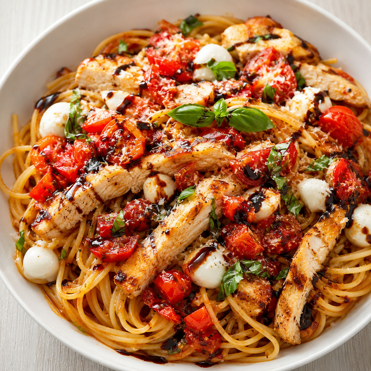 Bruschetta chicken pasta with tomatoes, mozzarella, basil, and balsamic glaze
