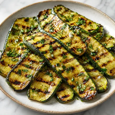 Grilled zucchini slices with olive oil, char marks, and fresh parsley on a ceramic plate