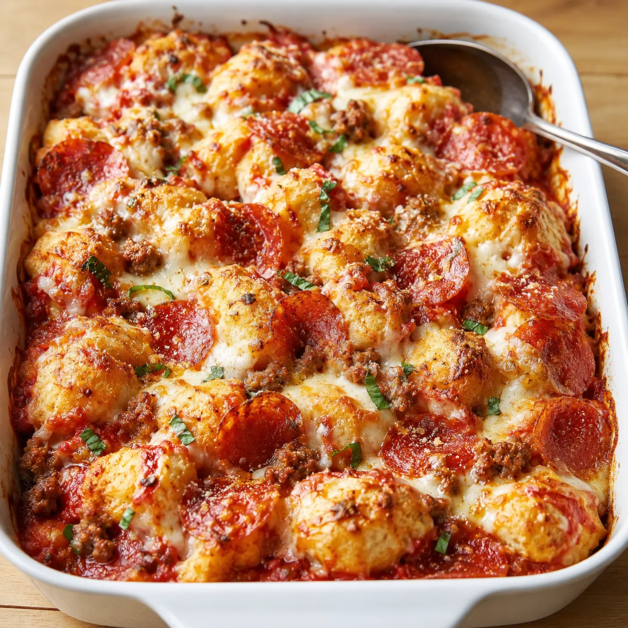 Bubble Up Pizza Bake with pepperoni, sausage, and melted mozzarella