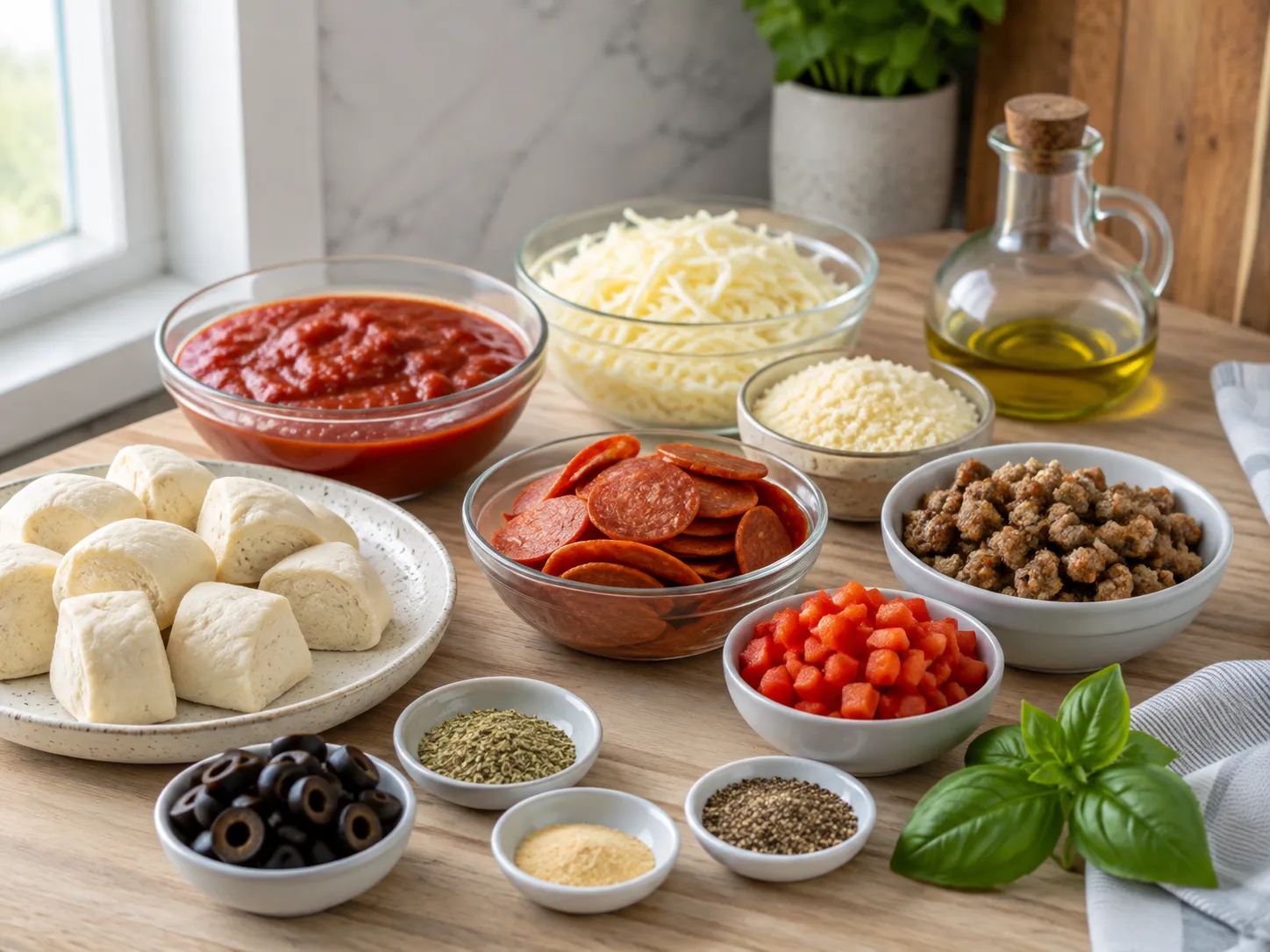 Ingredients for Bubble Up Pizza Bake with biscuits, sauce, cheese, and pepperoni