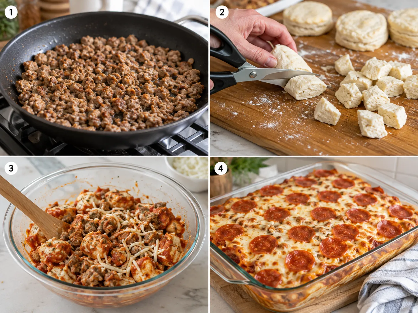 Four steps for making Bubble Up Pizza Bake in a home kitchen