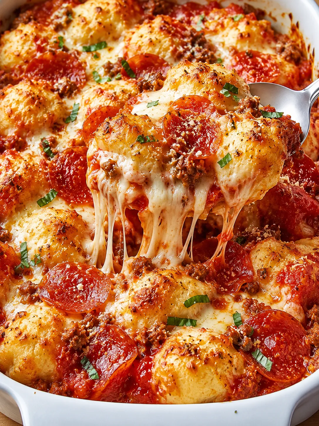 Cheesy Bubble Up Pizza Bake with pepperoni and golden biscuit pieces