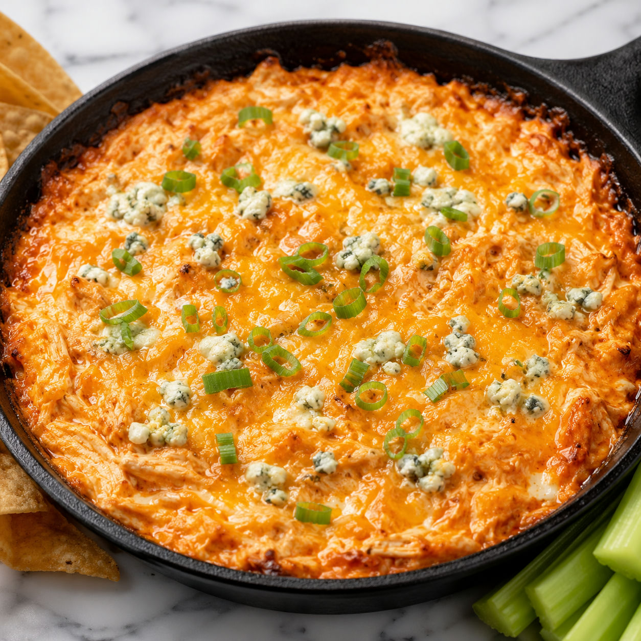 Buffalo Chicken Dip in a skillet with scallions and blue cheese